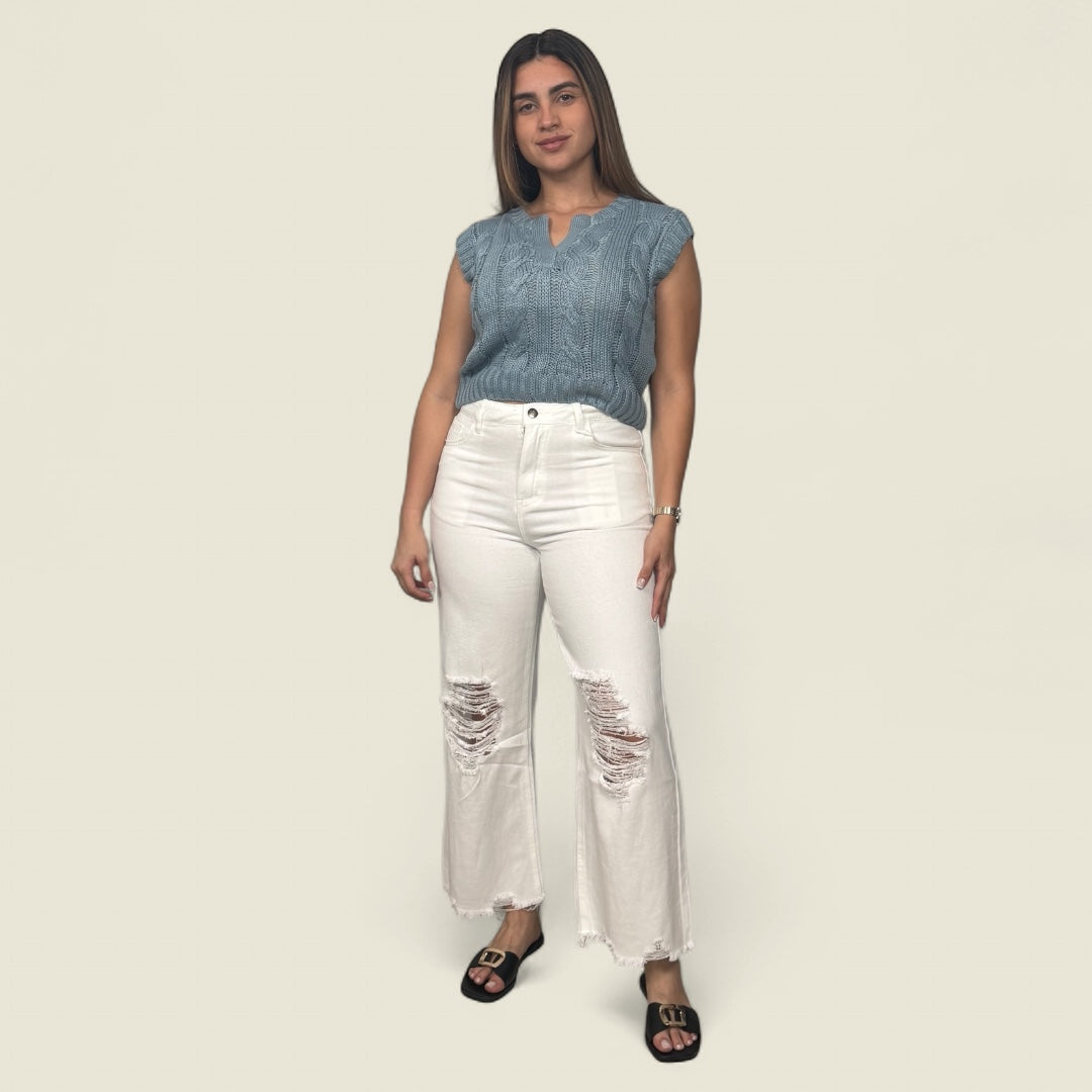 Distressed Wide Leg Denim Pants
