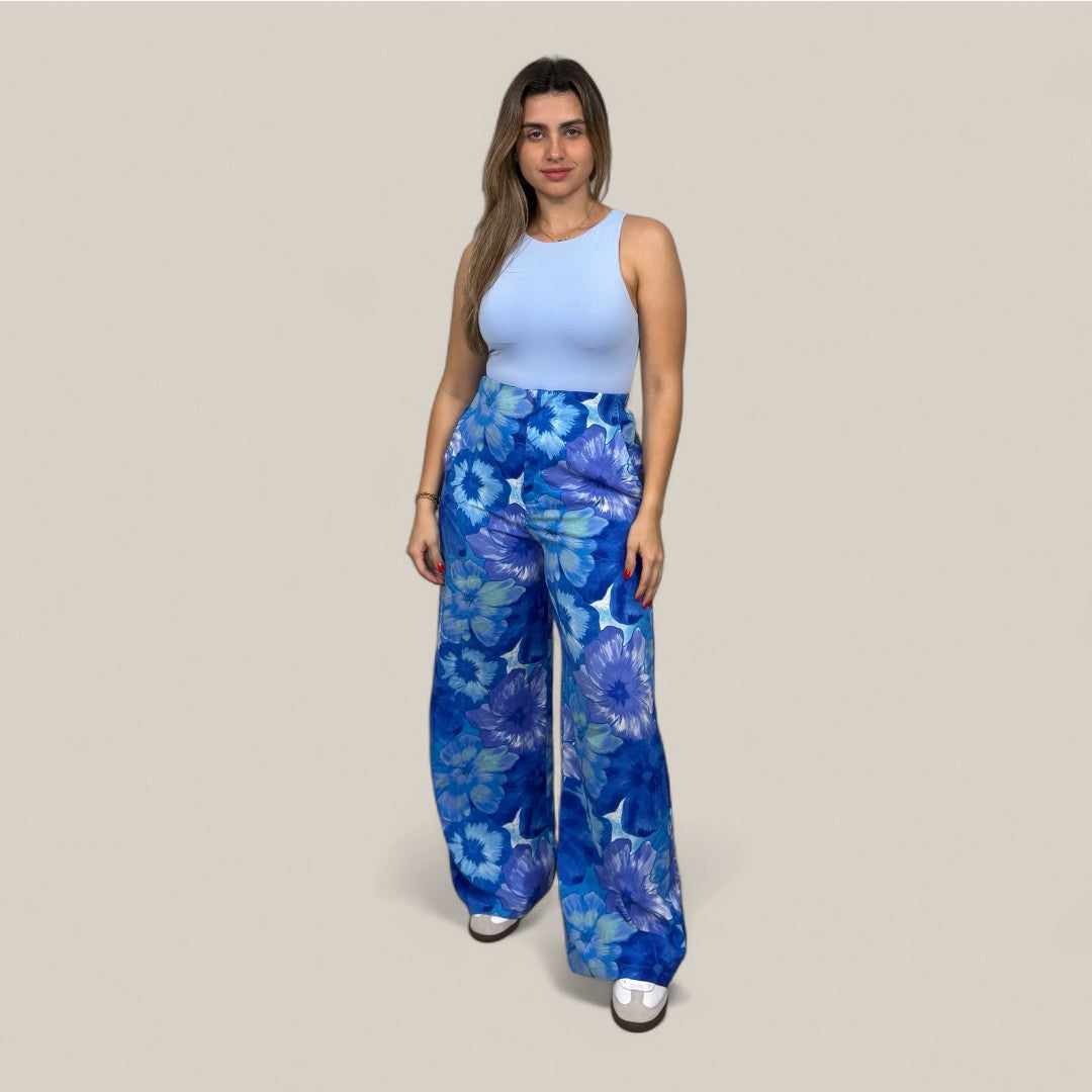 Blue Floral Print Pants