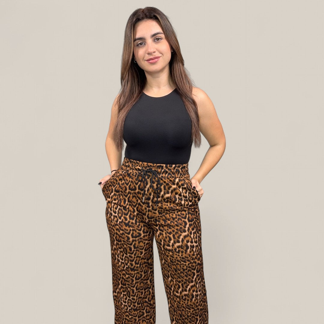 Leopard Print Rib Wide Leg Pant