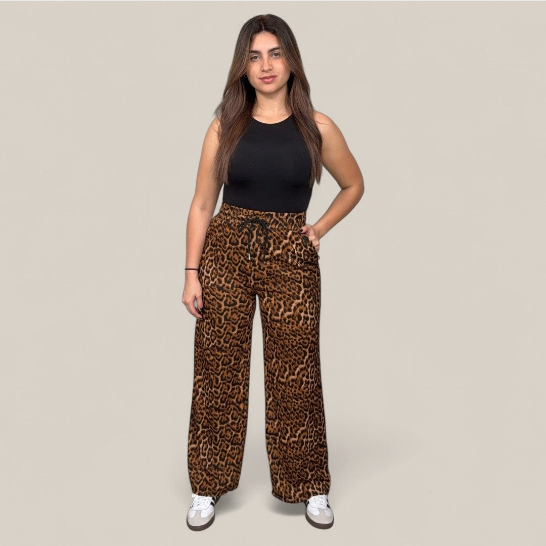 Leopard Print Rib Wide Leg Pant