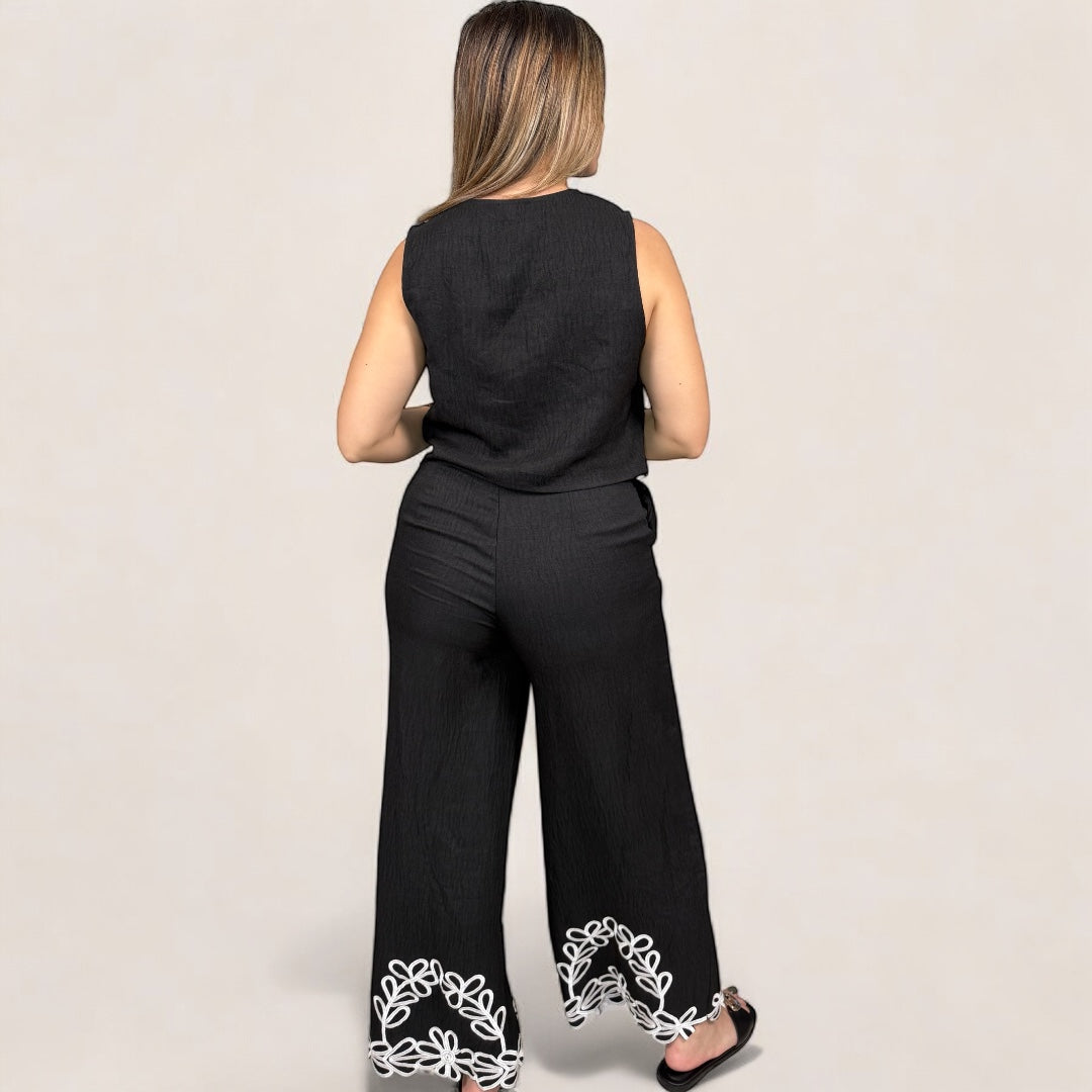 Flower Embroidered Black Vest and Pant Set