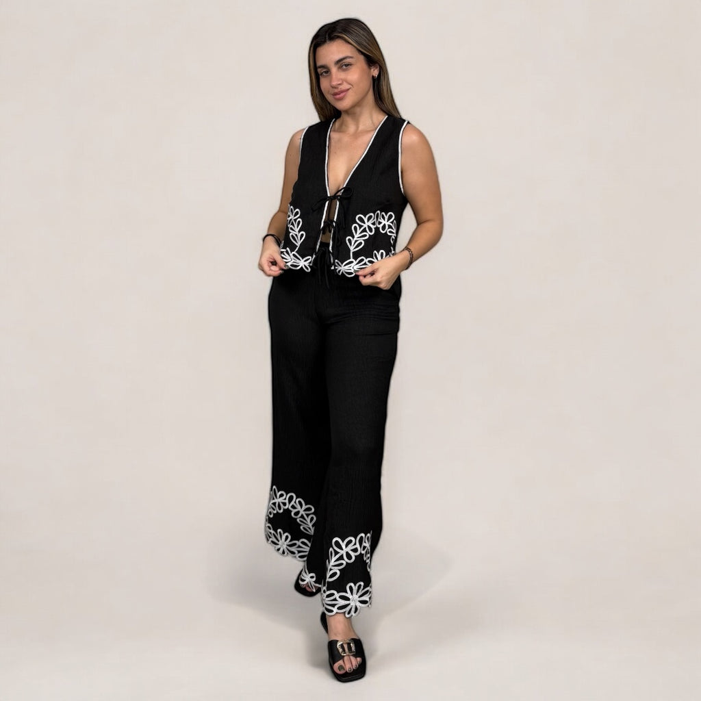Flower Embroidered Black Vest and Pant Set