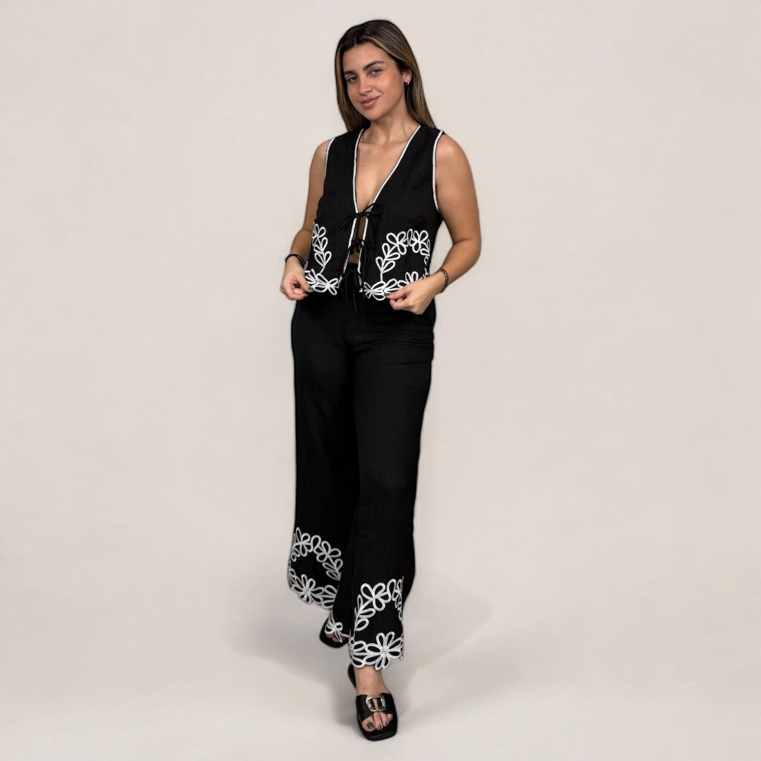 Flower Embroidered Black Vest and Pant Set