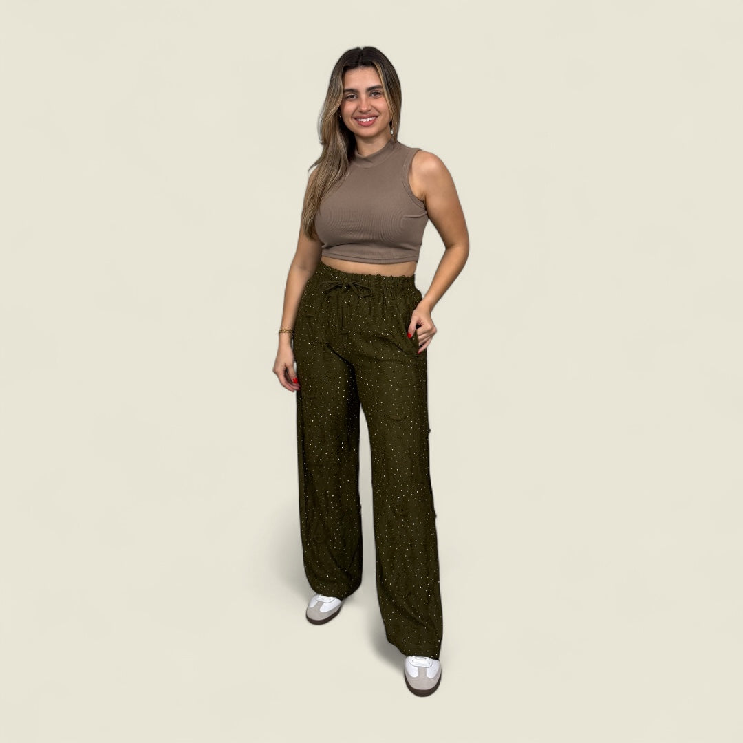 Olive Rhinestone Destroyed Lounge Pants