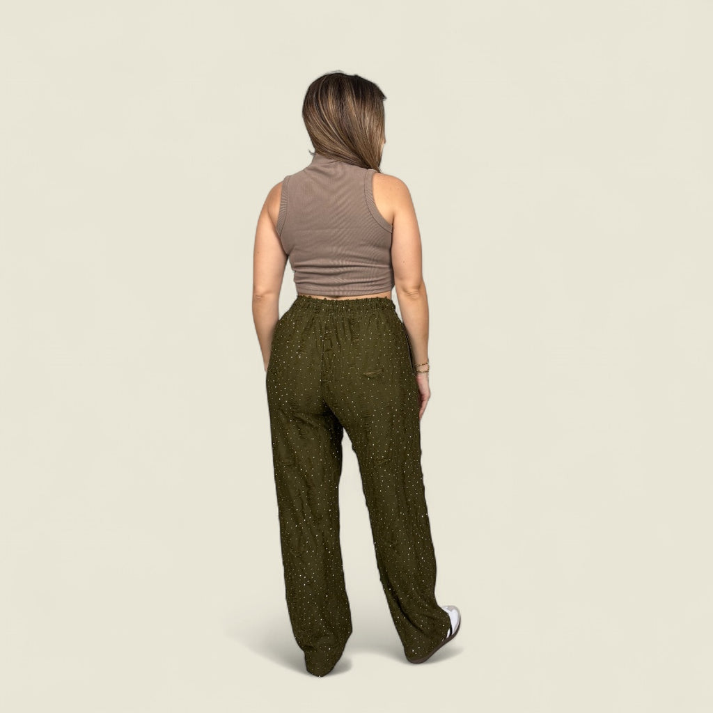 Olive Rhinestone Destroyed Lounge Pants
