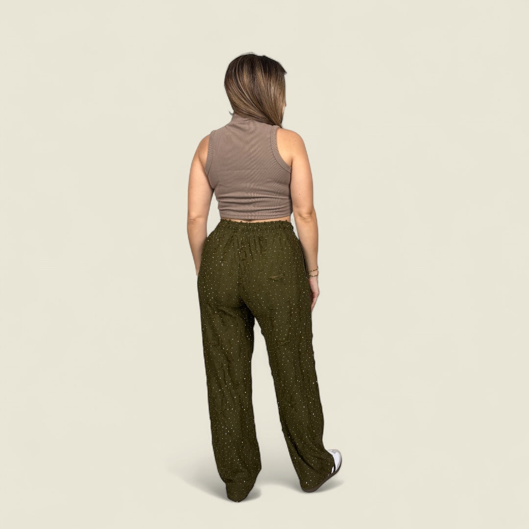 Olive Rhinestone Destroyed Lounge Pants