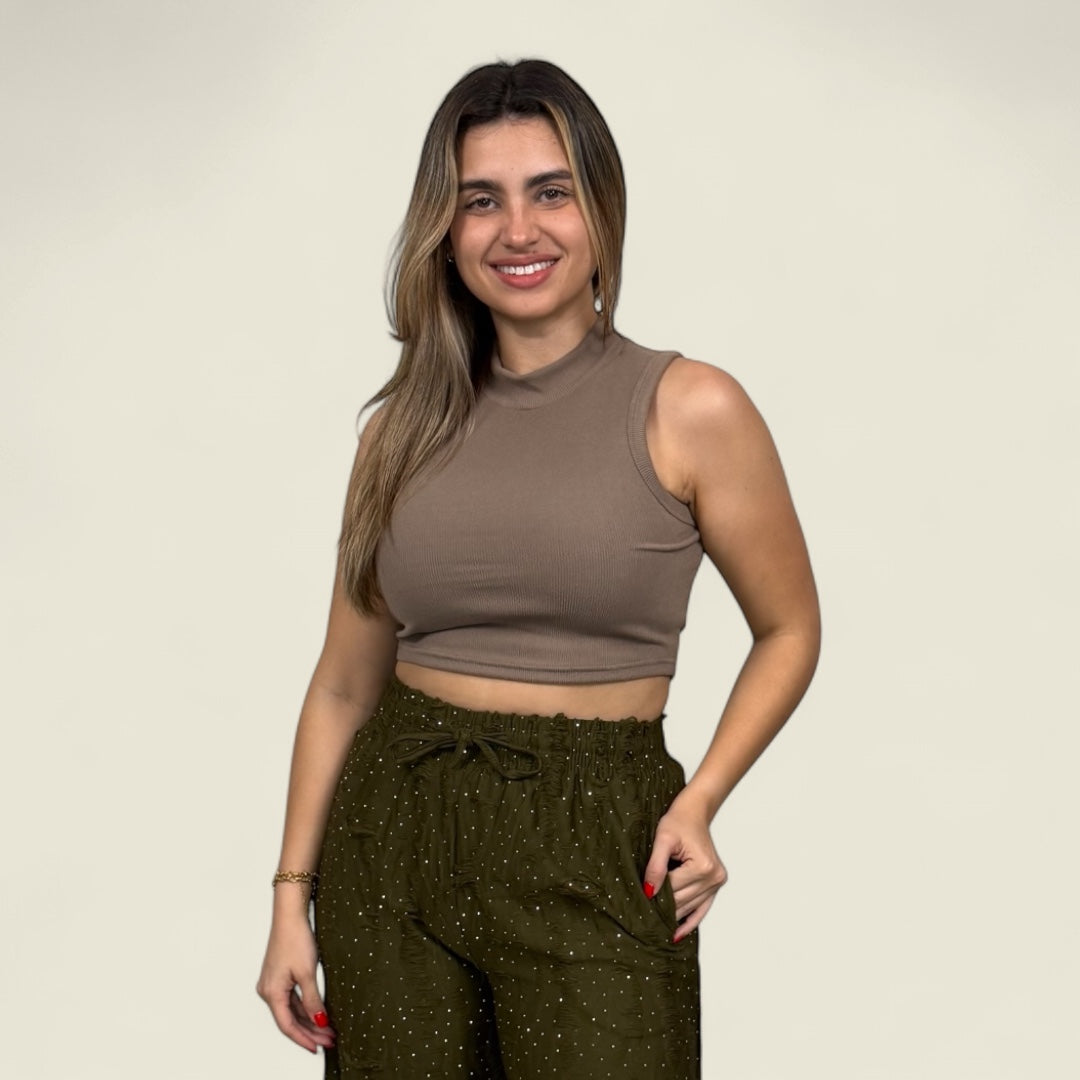 Ribbed Stretchy Cropped Tank Top