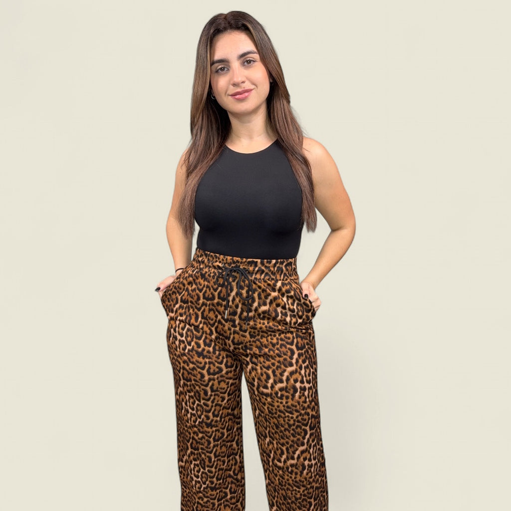 Leopard Print Rib Wide Leg Pant