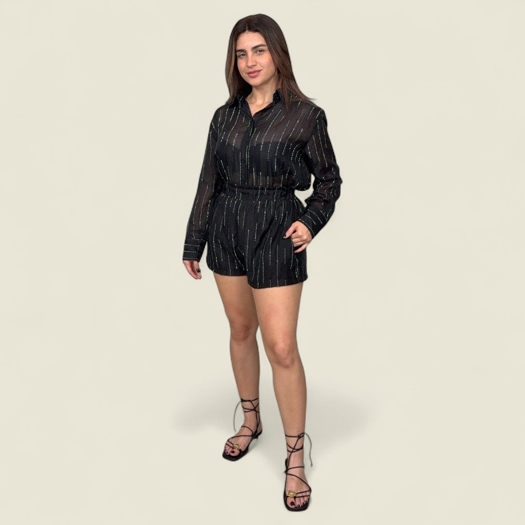Black Sheer Rhinestone Short Set