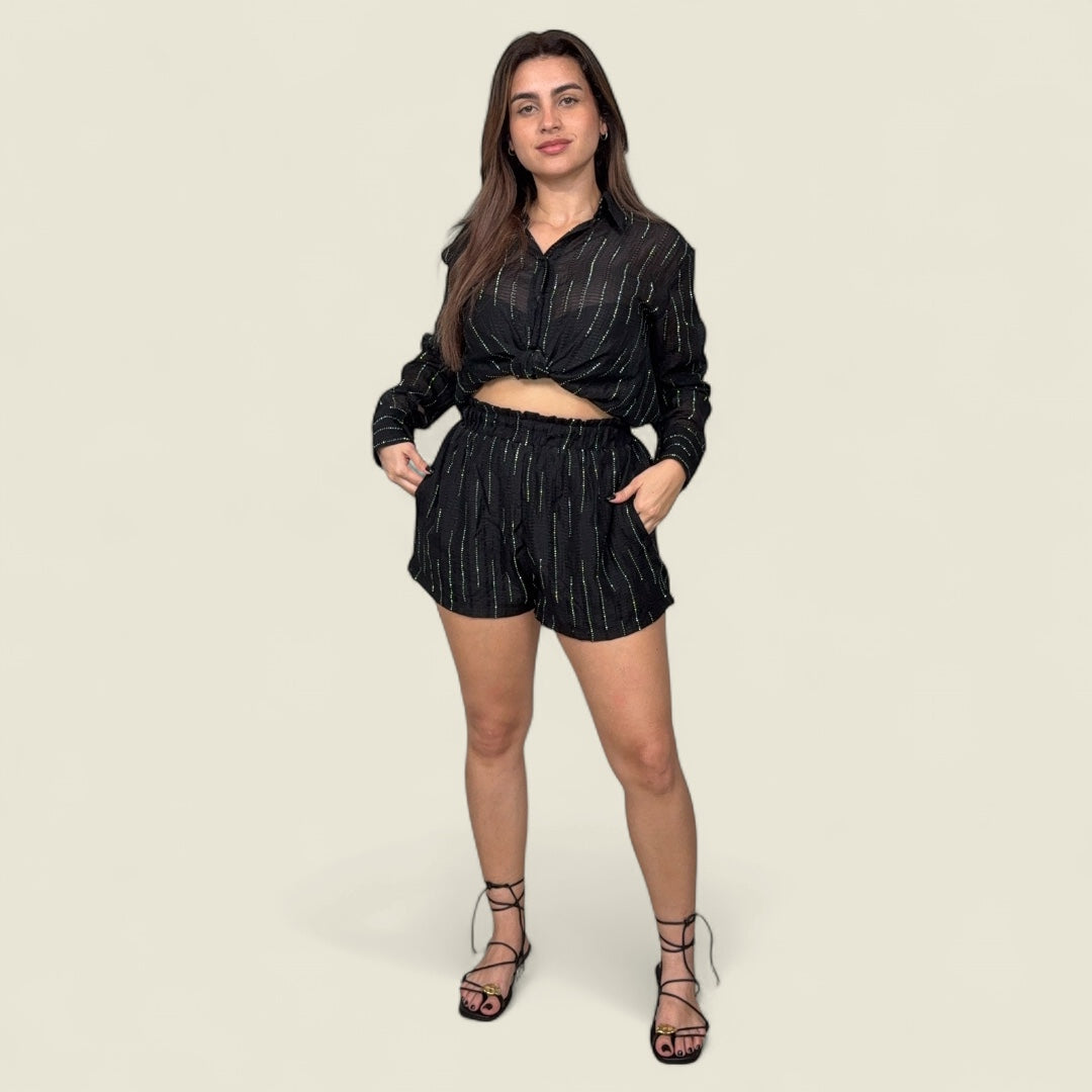 Black Sheer Rhinestone Short Set
