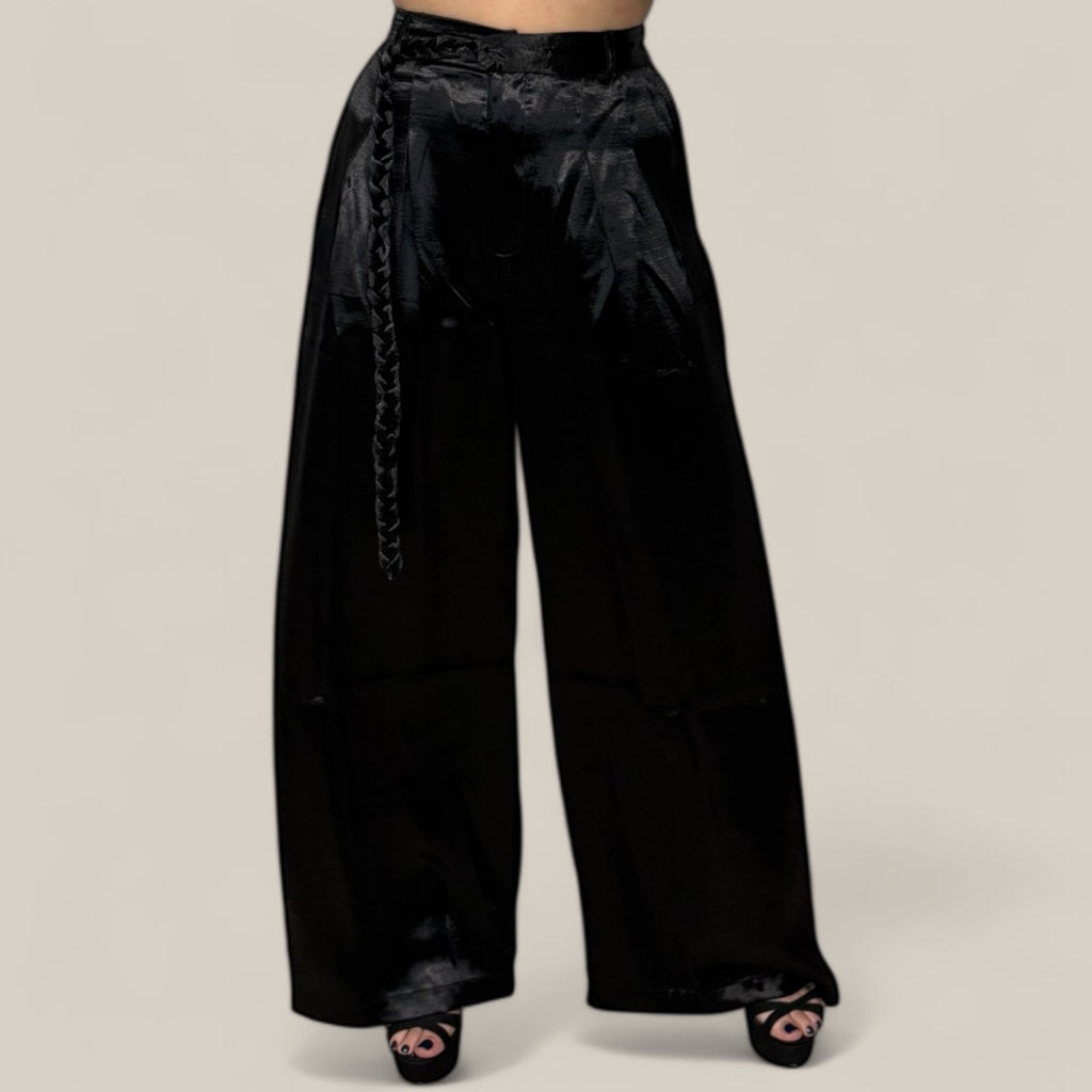 Braided Fabric Belt Satin Wide-Leg Pants