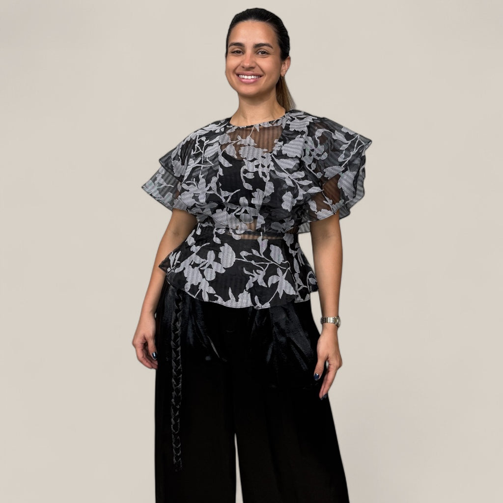 Sheer Floral Stripe Ruffle Blouse