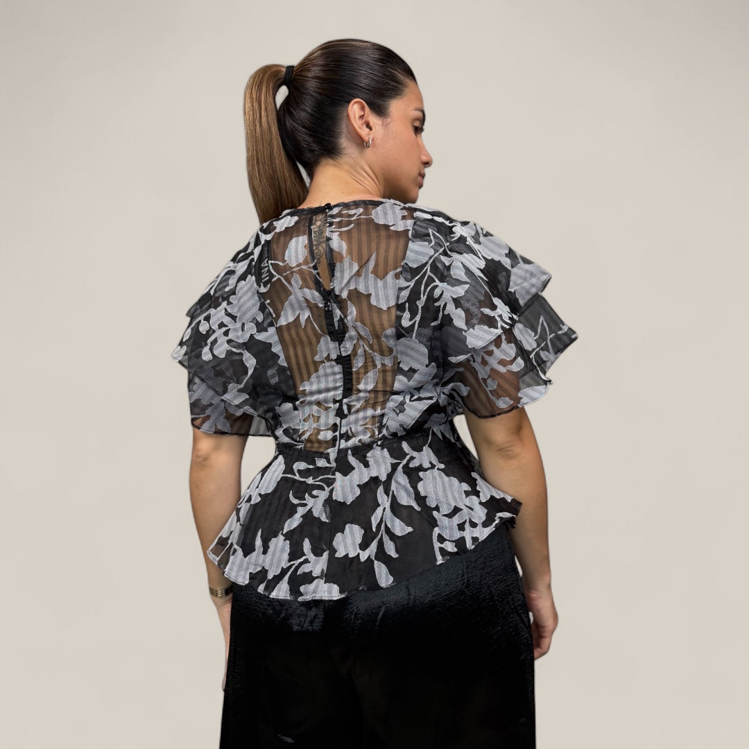 Sheer Floral Stripe Ruffle Blouse