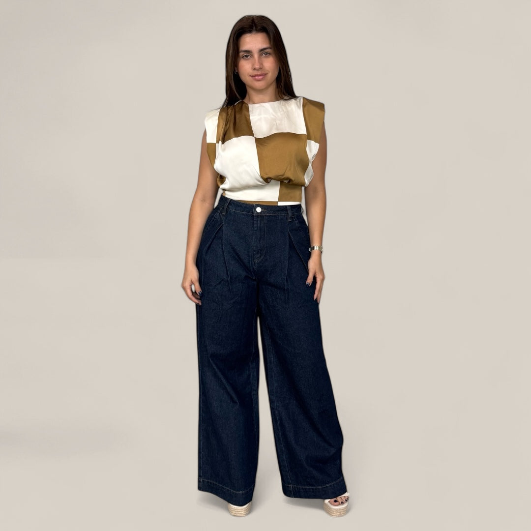 High-Rise Pleated Wide Leg Denim Pants