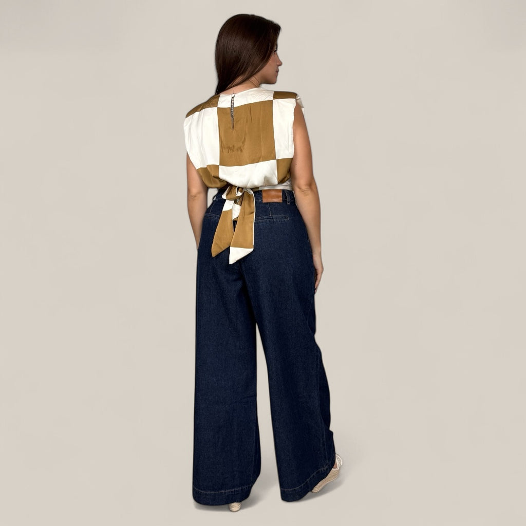 High-Rise Pleated Wide Leg Denim Pants