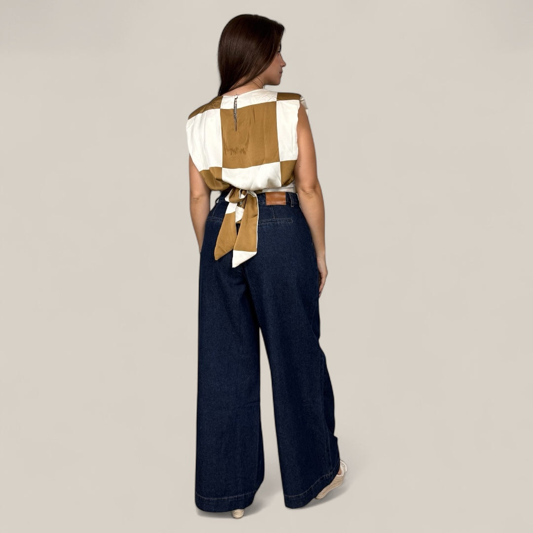 High-Rise Pleated Wide Leg Denim Pants