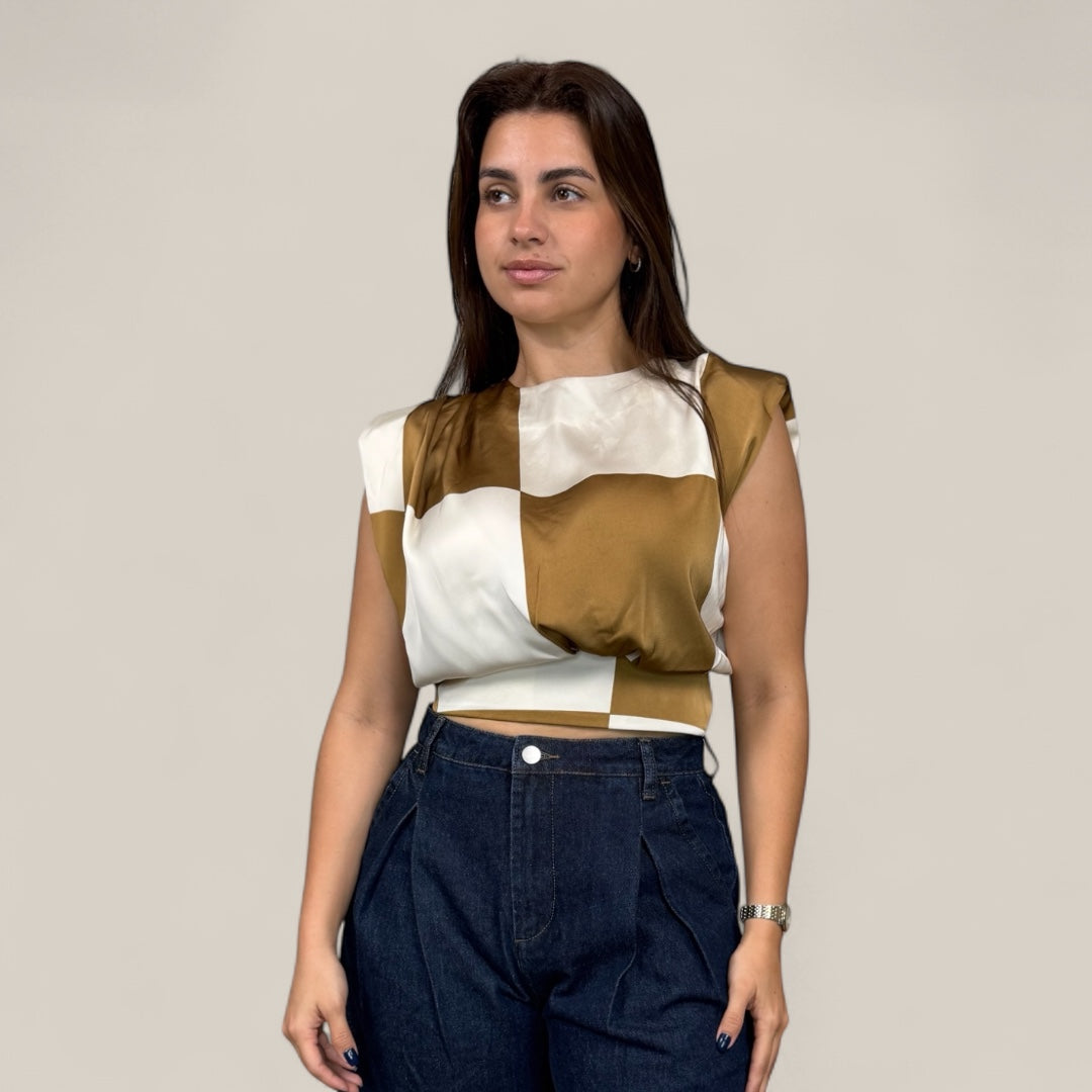 Satin Checkered Back-Tie Crop Top