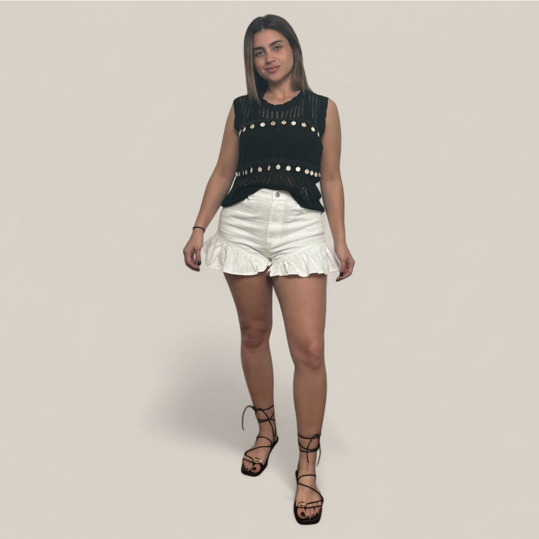 Flared Ruffle Denim Shorts