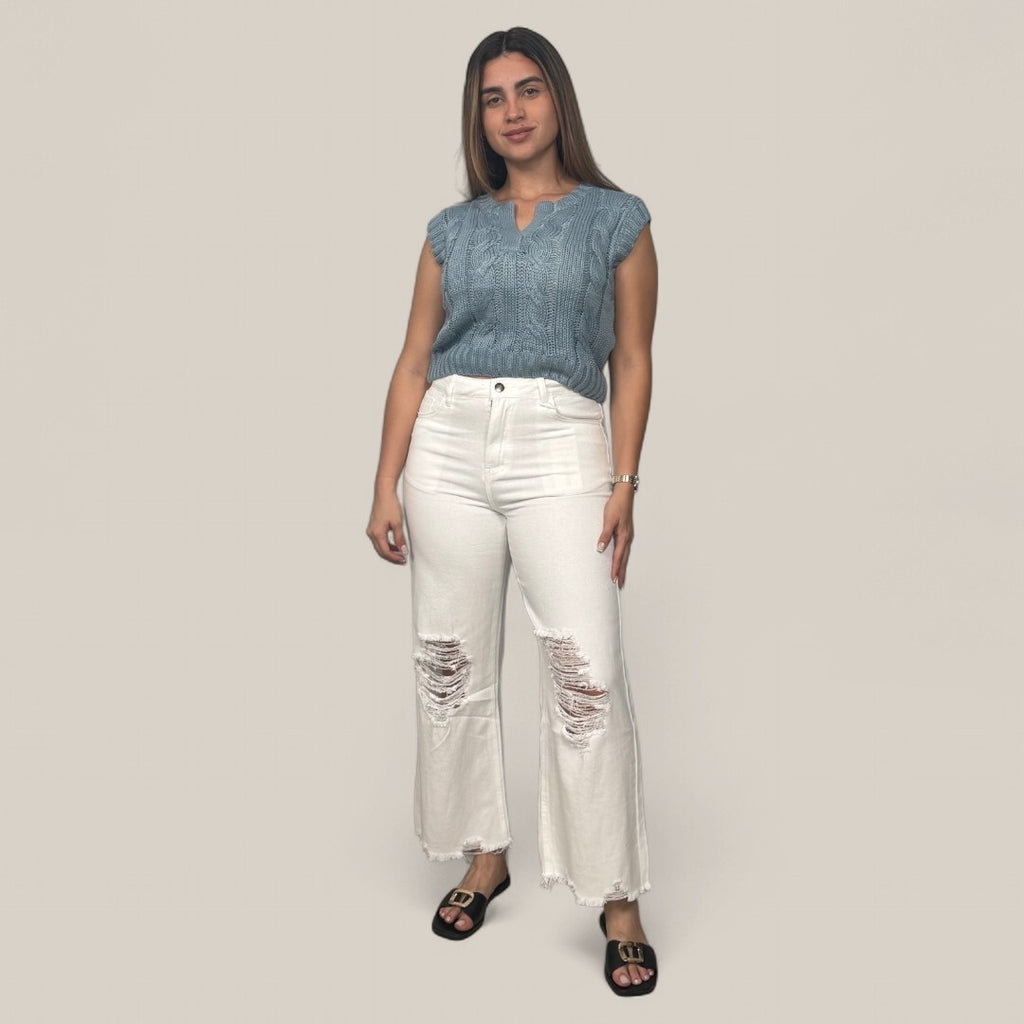 Distressed Wide Leg Denim Pants